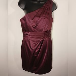 David's Bridal One-Shoulder Satin Dress in Deep Wine